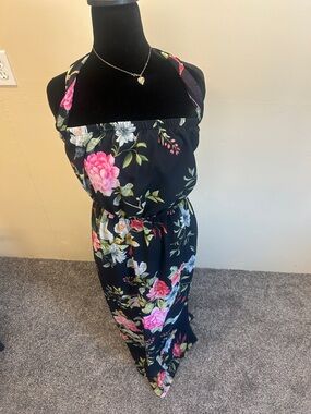 New York & Company Black Floral Halter Maxi Dress with Pink Blooms